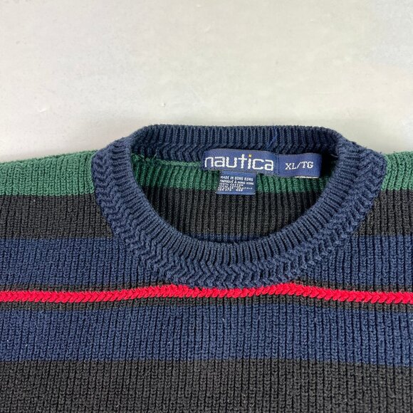 VTG 90s Nautica Knit Sweater Mens Fits Large Colorful Striped Crewneck Tag XL - Picture 5 of 13